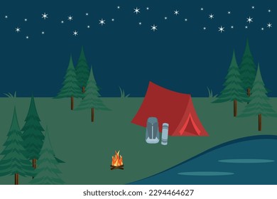 Illustration of outdoor camping scene with nature background at night with lake, tent, backpack and sleeping bag for posters, flyers, banners.