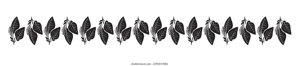 Illustration of outdoor foliage from garden in vector banner. Monochrome black and white foliate decor border isolated on white background. 