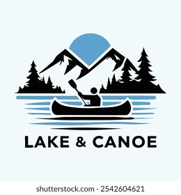 Ilustração de um logotipo ao ar livre com um lago calmo, canoa e montanhas