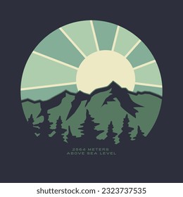 Illustration of outdoor mountains with vintage shining sun and pine trees design vector graphic for T-shirt, poster, apparel, logo and more