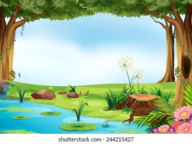 Illustration of an outdoor scene of a pond