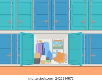 Illustration of an outdoor trunk room where seasonal appliances and clothing are stored.