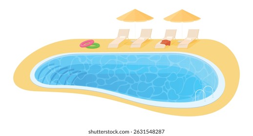 Illustration of an outdoor water pool with clear blue water, sun loungers and umbrellas providing seating areas inviting for fun and relaxation in warm weather.