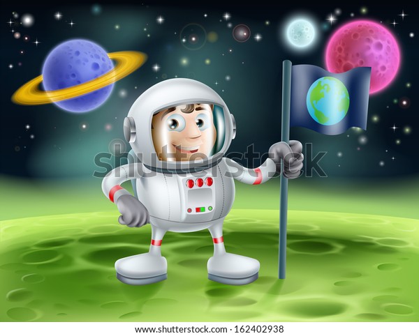 An illustration of an outer space cartoon\
background with a cute cartoon astronaut planting an earth flag on\
an alien world