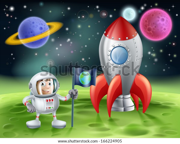 An illustration of an outer space\
cartoon background with a cute cartoon astronaut planting an earth\
flag on an alien world with his shiny vintage\
rocket