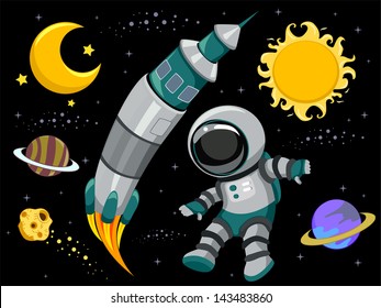 Illustration of Outer Space Design Elements on Black Background