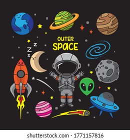 Illustration of outer space doodles vector The Concept of Isolated Technology. Flat Cartoon Style Suitable for Landing Web Pages, Banners, Flyers, Stickers, Cards