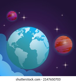 illustration of outer space with earth and planets.