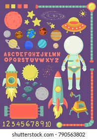 Illustration of Outer Space Elements with Borders, Astronaut Suit, Space Ship, Alphabet and Numbers