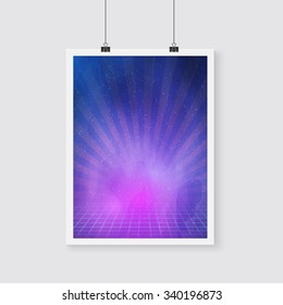 Illustration of Outer Space Retro Neon Vector Poster with Nebula, Stars, Neon Flares. Retro Disco 80s Neon Poster