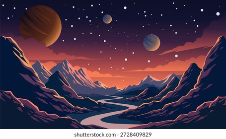 Illustration der Weltraumkulisse mit ihren Planeten