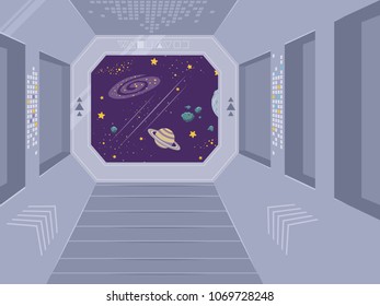 Illustration of an Outer Space Ship Window with the Outer Space View from the Inside