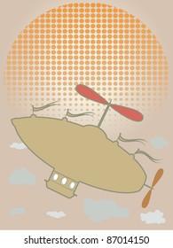 Illustration of outline blimp rising up by clouds