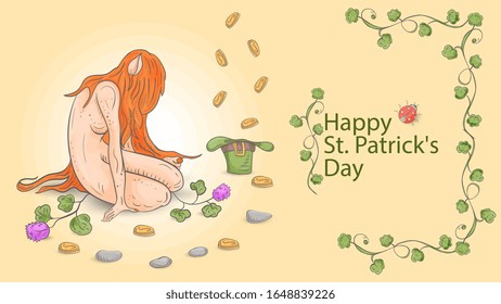 illustration outline, colored banner with St. Patrick's day, in the style of a Doodle, a dwarf girl with red long hair, sitting in front of a hat in which gold coins fall vector