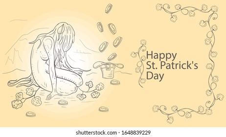 illustration outline, coloring, banner with St. Patrick's day in the style of Doodle, a dwarf girl with red long hair, sitting in front of a hat in which gold coins fall vector