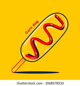 Illustration Outline Corn Dog With Ketchup And Mustard. 
