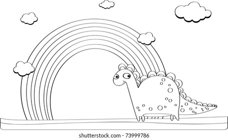 illustration Outline of a cute dinosaur and rainbow.