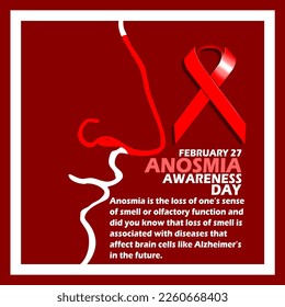 Illustration of outline face with red nose, red ribbon, bold text and sentence in frame on dark red background to commemorate Anosmia Awareness Day on February 27