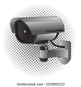 Illustration of outline icon for an isolated CCTV camera on a white background. Comic style