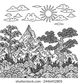 Illustration Outline Nature Landscape Coloring Page