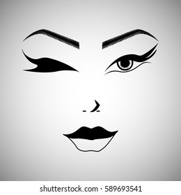 Illustration With Outline Sketch Of Cute Young Woman Wink. Tattoo Design. Makeup Look.