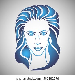 Illustration with outline sketch of cute young woman with long hair. Tattoo design. Makeup and Hairstyle Look.