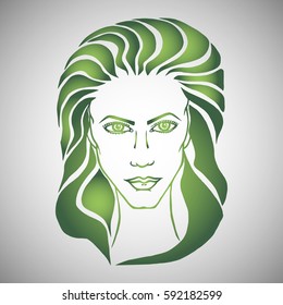 Illustration with outline sketch of cute young woman with long hair. Tattoo design. Makeup and Hairstyle Look.