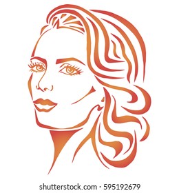 Illustration with outline sketch of cute young woman with long hair. Tattoo design. Makeup and Hairstyle Look.