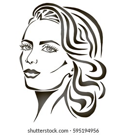 Illustration with outline sketch of cute young woman with long hair. Tattoo design. Makeup and Hairstyle Look.