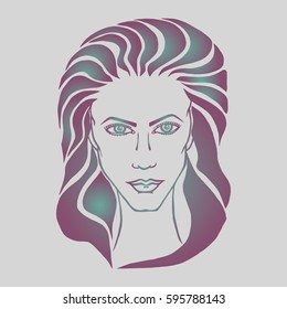 Illustration with outline sketch of cute young woman with long hair. Tattoo design. Makeup and Hairstyle Look.