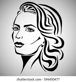 Illustration with outline sketch of cute young woman with long hair. Tattoo design. Makeup and Hairstyle Look.