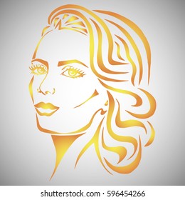 Illustration with outline sketch of cute young woman with long hair. Tattoo design. Makeup and Hairstyle Look.