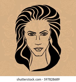 Illustration with outline sketch of cute young woman with long hair on brown background with mandalas. Tattoo design. Makeup and Hairstyle Look.