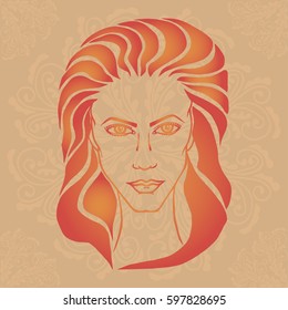 Illustration with outline sketch of cute young woman with long hair on brown background with mandalas. Tattoo design. Makeup and Hairstyle Look.