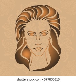 Illustration with outline sketch of cute young woman with long hair on brown background with mandalas. Tattoo design. Makeup and Hairstyle Look.