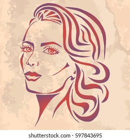 Illustration with outline sketch of cute young woman with long hair on vintage paper. Tattoo design. Makeup and Hairstyle Look.