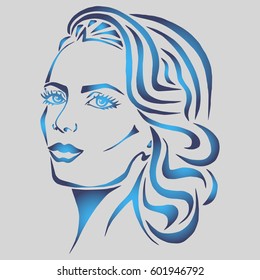 Illustration with outline sketch of cute young woman with long hair. Tattoo design. Makeup and Hairstyle Look.
