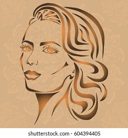 Illustration with outline sketch of cute young woman with long hair. Tattoo design. Makeup and Hairstyle Look.