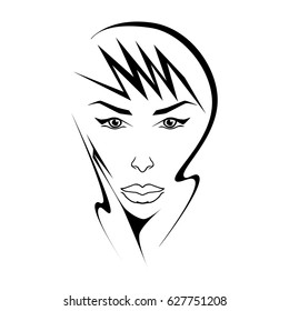 Illustration with outline sketch of cute young woman. Tattoo design. Makeup and Hairstyle Look.