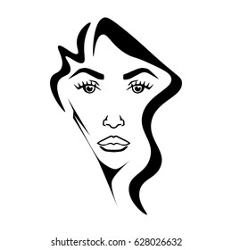 Illustration with outline sketch of cute young woman. Tattoo design. Makeup and Hairstyle Look.