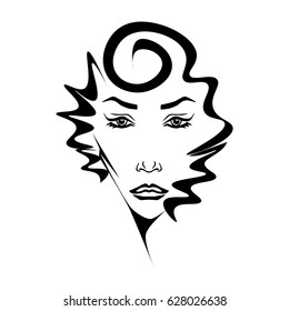 Illustration with outline sketch of cute young woman. Tattoo design. Makeup and Hairstyle Look.
