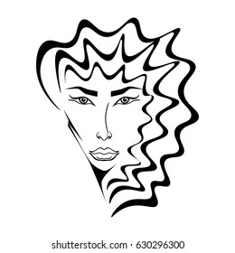 Illustration with outline sketch of cute young woman. Tattoo design. Makeup and Hairstyle Look.