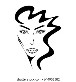 Illustration with outline sketch of cute young woman. Tattoo design. Makeup and Hairstyle Look.