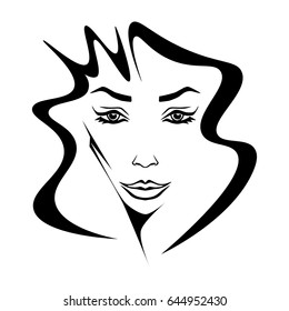 Illustration with outline sketch of cute young woman. Tattoo design. Makeup and Hairstyle Look.