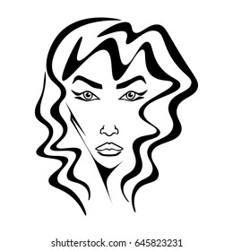 Illustration with outline sketch of cute young woman. Tattoo design. Makeup and Hairstyle Look.