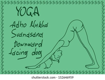 Illustration with outline slim girl in Downward Facing Dog yoga pose