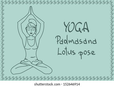 Illustration with outline slim girl in Lotus yoga pose