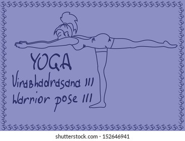 Illustration with outline slim girl in Warrior three yoga pose