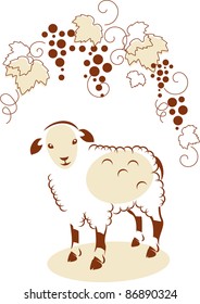 Illustration in outline style – small sheep under branch of grape and banner for you text