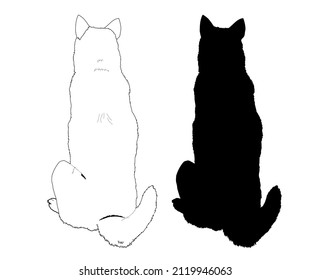 Illustration, outline. Thai bangkaew dog silhouette. sitting position from behind, white background with copy space.